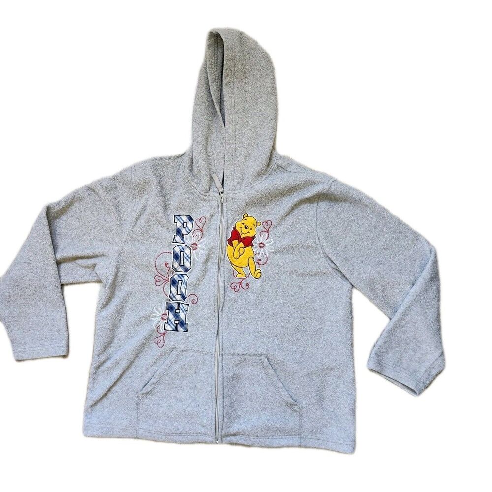 VTG Disney Winnie the Pooh Hoodie Womens XL Gray Zip Up Sweatshirt Embroidered - Picture 1 of 9